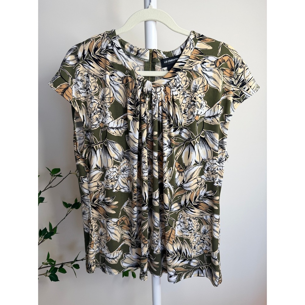 Liz Claiborne Career Olive Green Floral Pleated Neck Blouse XL Gold Zipper Top - Picture 2 of 6